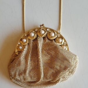 1930s-40s Vintage Whiting & Davis Gold Evening Bag with Pearl Accents